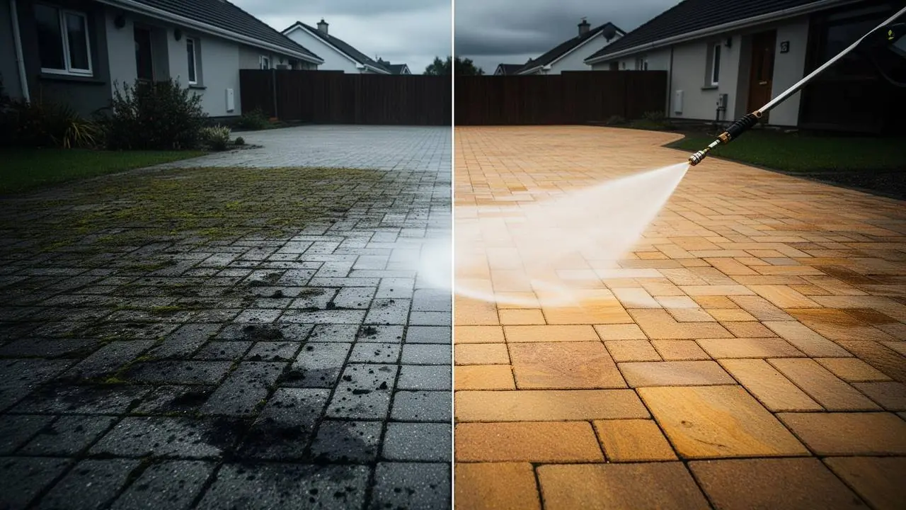 Driveway before and after pressure washing near Bessbrook
